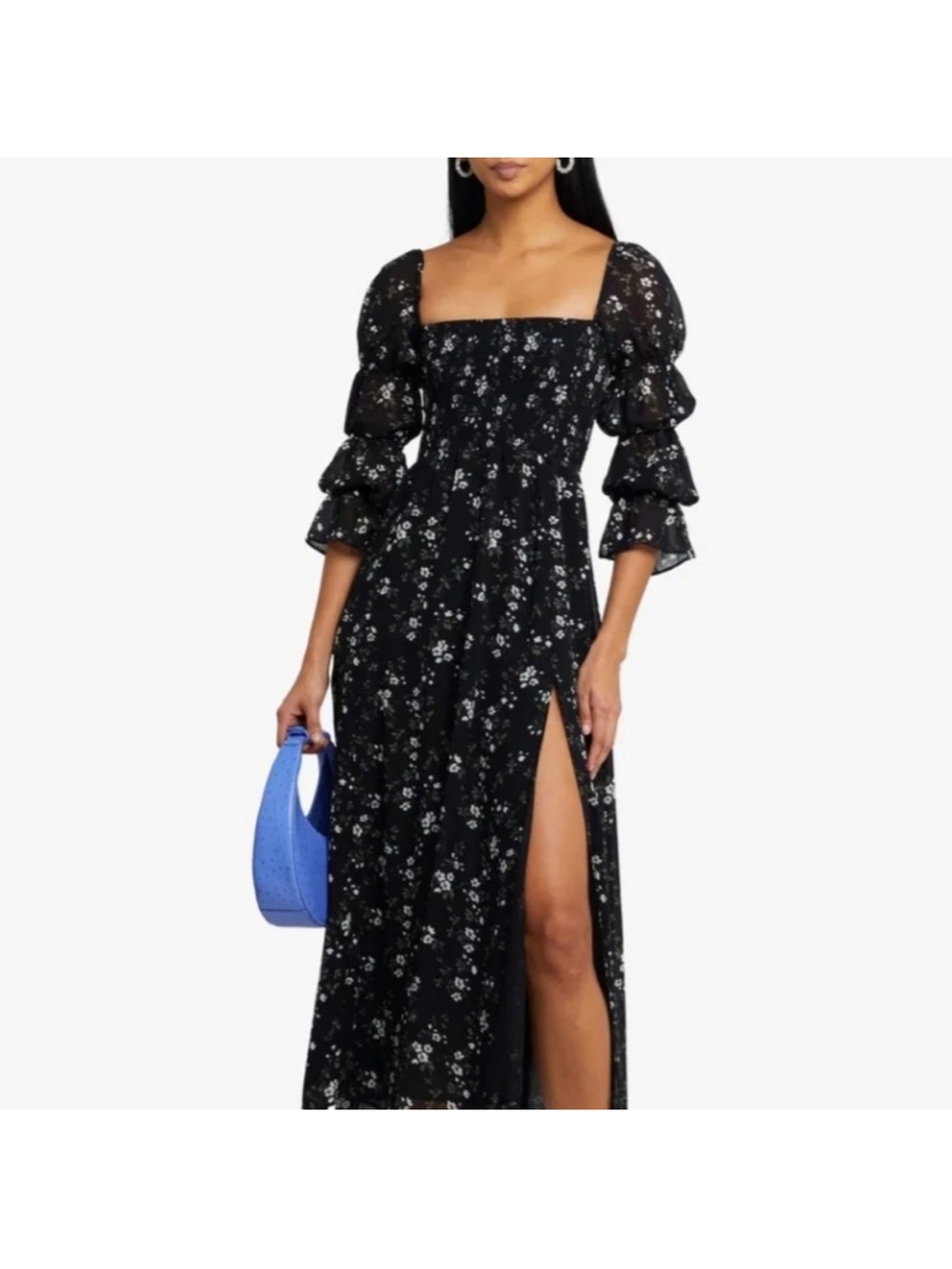 Anthropologie, OPT, Black Floral Square-Neck Maxi Dress with Tiered Puff Sleeves